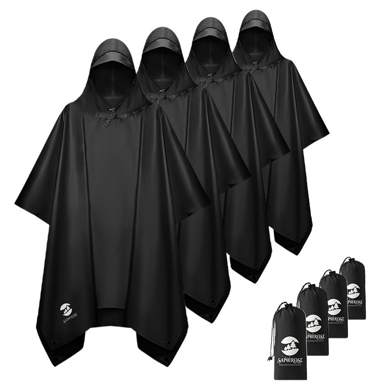 Black Waterproof Hooded Rain Poncho For Men And Women (4 Pack