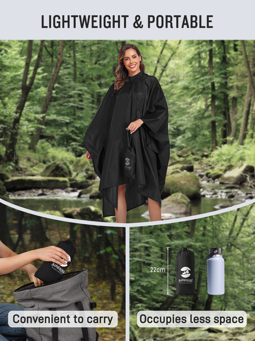 Black Waterproof Hooded Rain Poncho For Men And Women (4 Pack