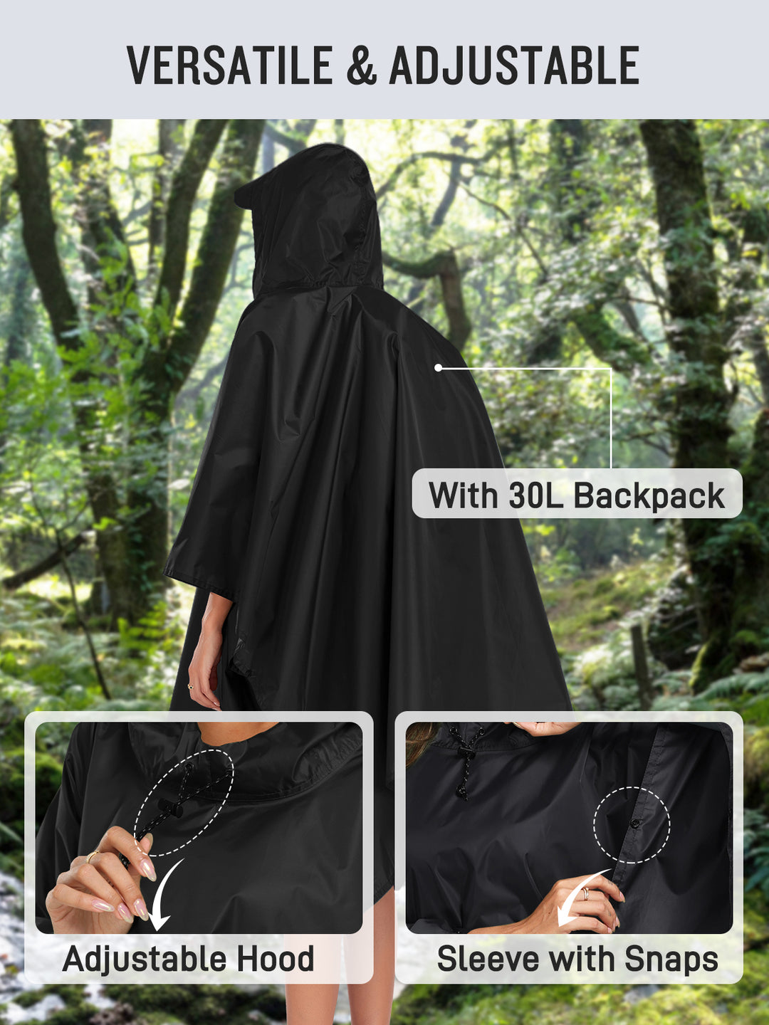 Black Waterproof Hooded Rain Poncho For Men And Women (4 Pack