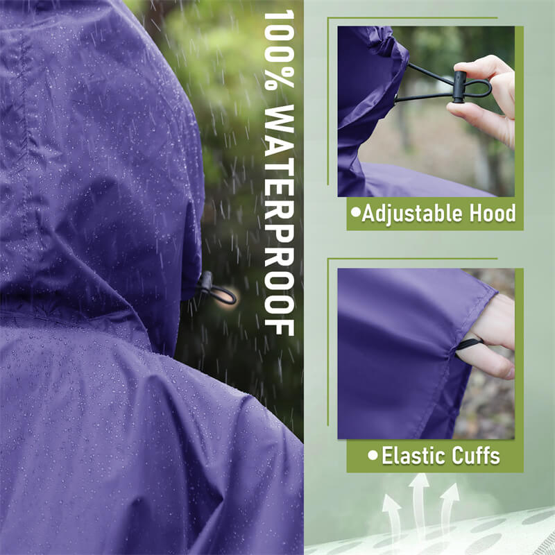 SaphiRose Hooded Rain Ponchos Outdoor Waterproof Raincoat Jacket for Adults with Zipper (Black)