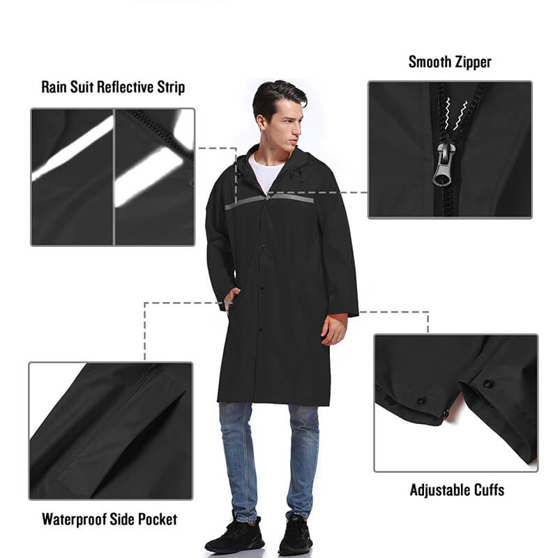 Men's Long Hooded Safety Rain Jacket Waterproof Emergency Raincoat